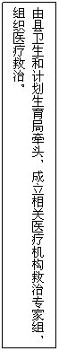文本框: 由县卫生和计划生育局牵头，成立相关医疗机构救治专家组，组织医疗救治。